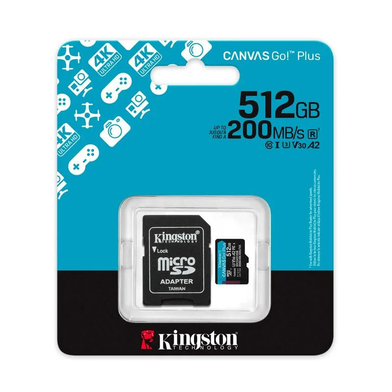 MEMORIA MICRO SD 512GB KINGSTON CANVAS GO PLUS 4K A2 U3 V30 200 MB