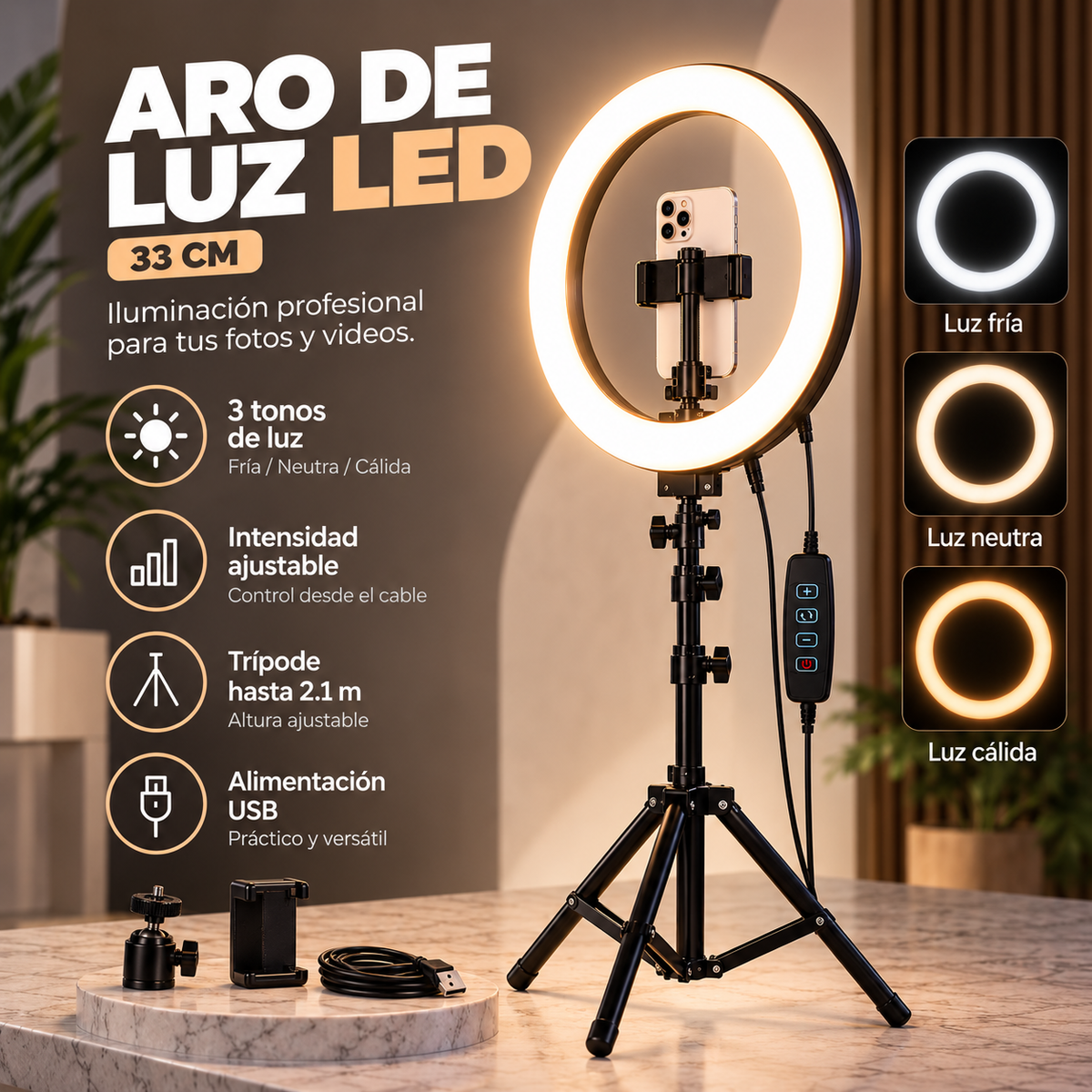 Aro de Luz LED 33 cm + Trípode de 2,1 Metros | Iluminación para Fotos y Videos