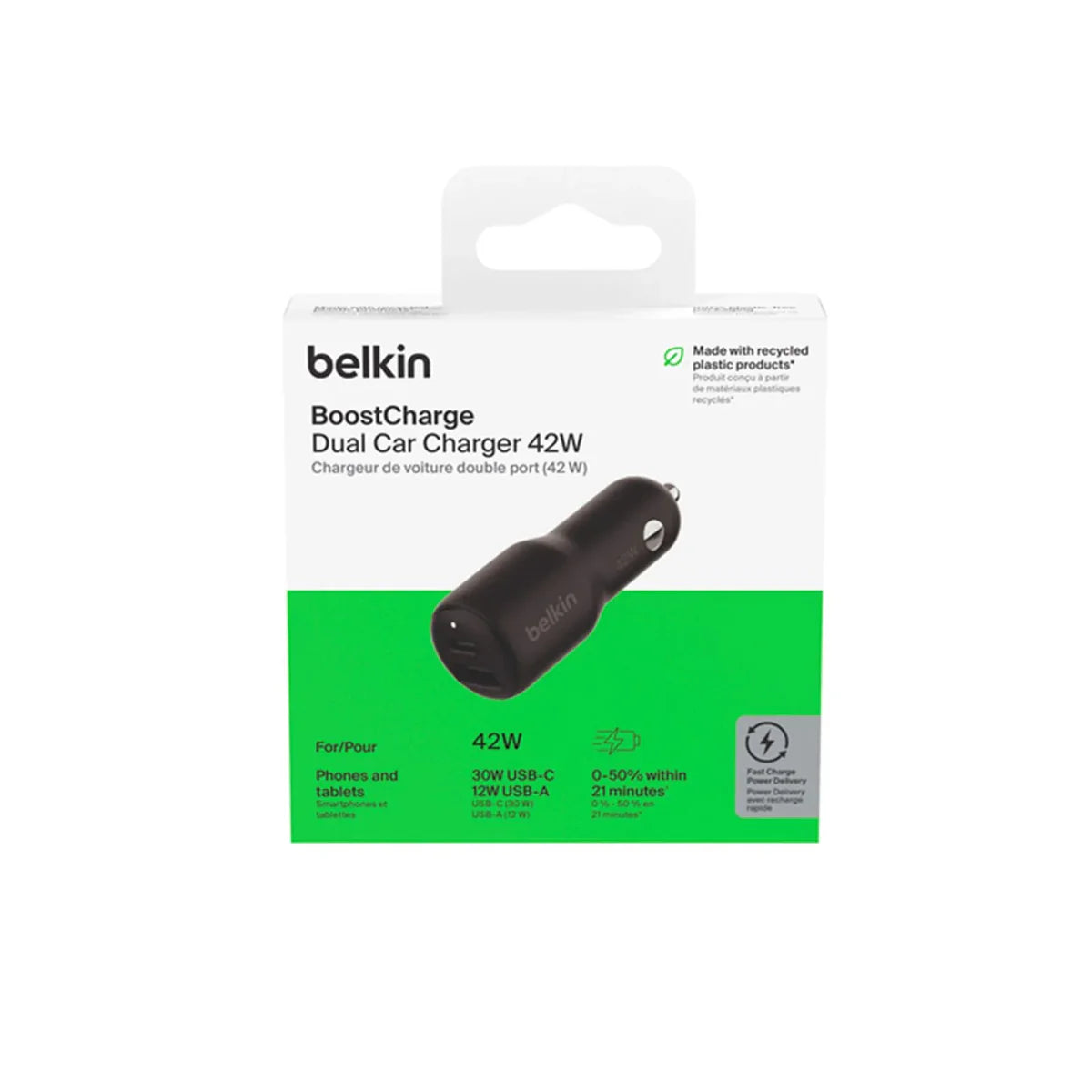 CARGADOR BELKIN DUAL PARA AUTO USB-A Y USB-C DE 42 W, NEGRO