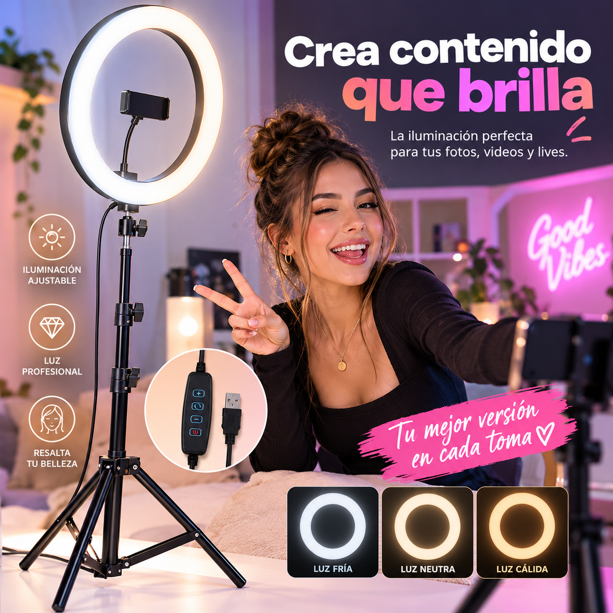 Aro de Luz LED 33 cm + Trípode de 2,1 Metros | Iluminación para Fotos y Videos