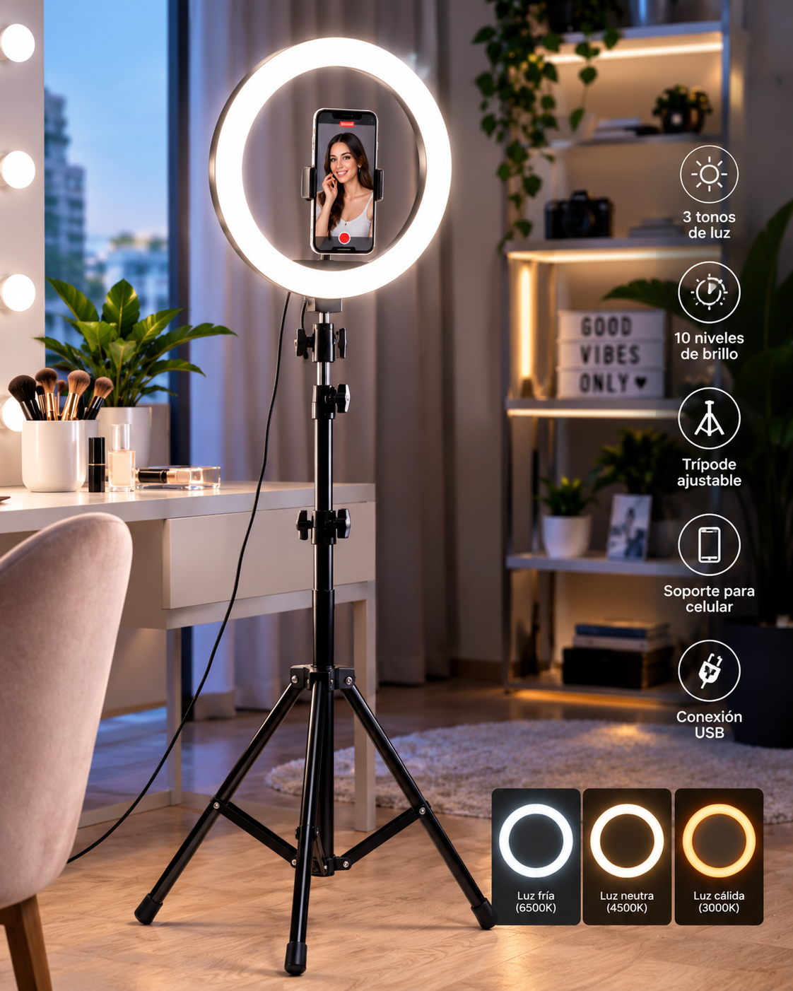 Aro de Luz LED 33 cm + Trípode de 2,1 Metros | Iluminación para Fotos y Videos