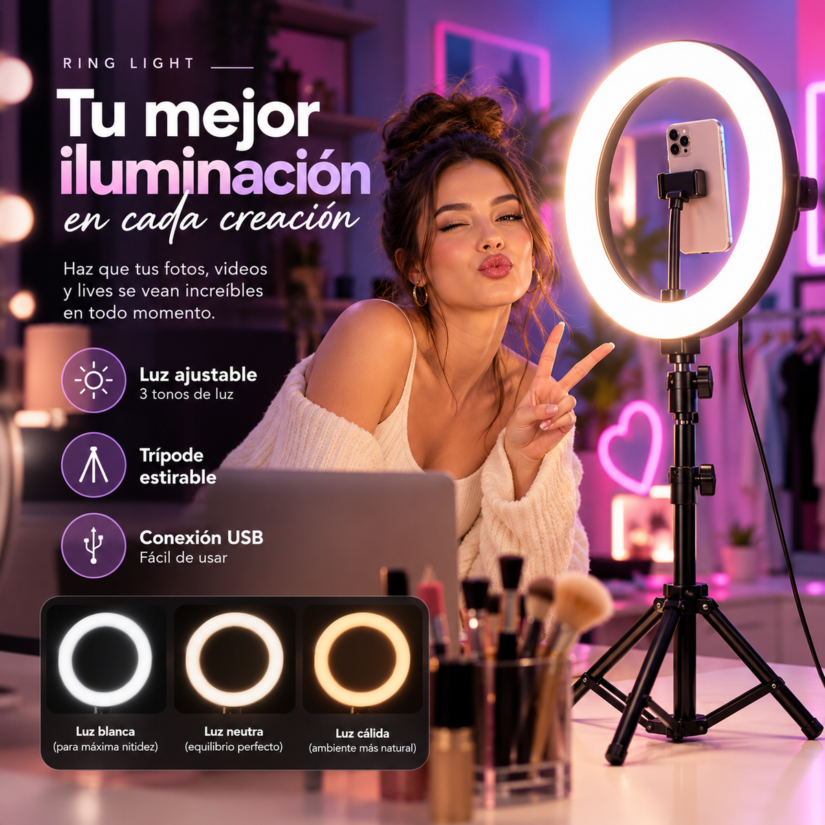 Aro de Luz LED 33 cm + Trípode de 2,1 Metros | Iluminación para Fotos y Videos