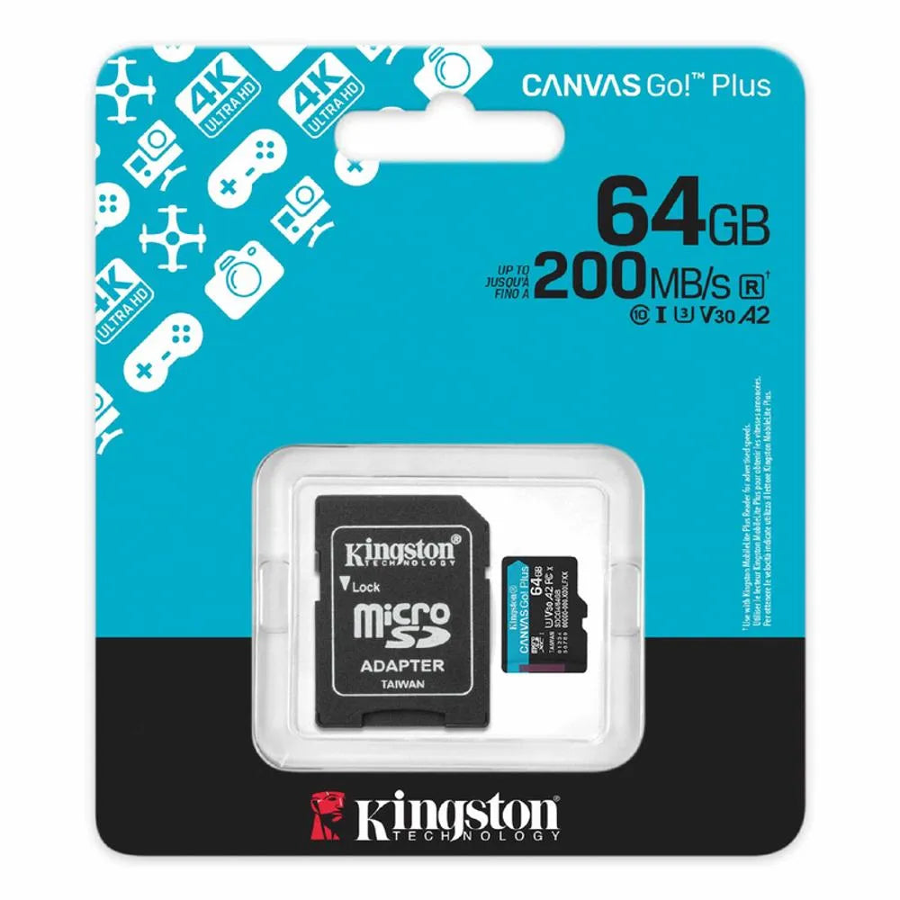 MEMORIA MICRO SD 64GB KINGSTON CANVAS GO PLUS 4K A2 U3 V30 200 MB